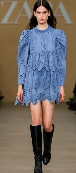 Zara Blue Floral Eyelet Mini Dress XS 100% Cotton Long Sleeve Cottagecore thumbnail 1