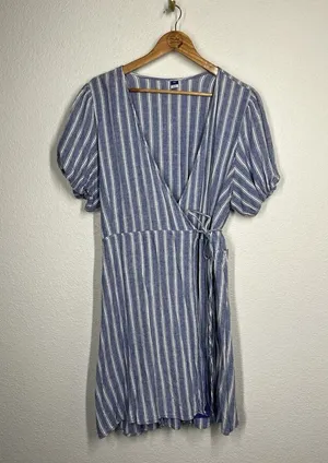 Old Navy XXL Striped Puff Sleeve Mini Wrap Dress Blue White thumbnail 1