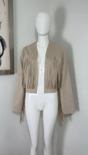 Women’s Boho Western Fringe Faux Suede Jacket Beige Festival Cowgirl Size L thumbnail 1