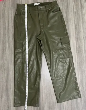 Abercrombie & Fitch Olive Green Faux-Leather Wide Leg Cargo Pants thumbnail 7