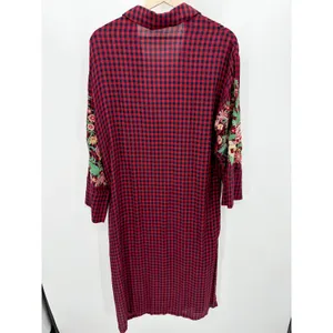 Zara Cardigan Women SMALL Red Navy Blue Plaid Button Front Maxi Dress Duster‎ thumbnail 2