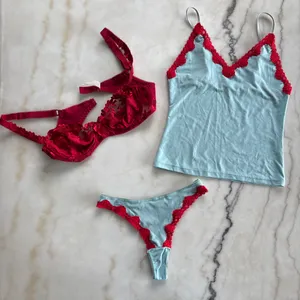 3Pc Vintage Lejaby Lingerie Set 34B Bra, Small Cami, Small Thong Balconette Blue thumbnail 5