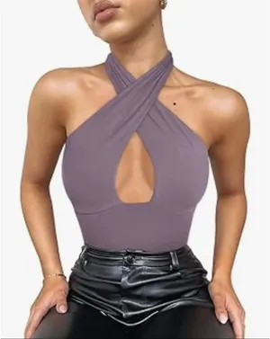 REORIA Butsmooth®Trendy Sexy Criss Cross Halter Neck Sleeveless Thong Bodysuits thumbnail 2