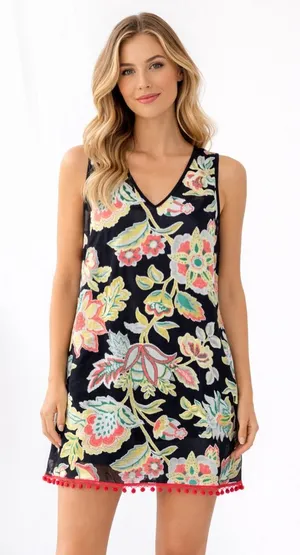 Entro Black Floral‎ Sleeveless Tunic Dress Pom Pom Hem Size S Coastal Preppy thumbnail 1