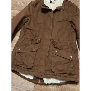 H&M Divided Brown Utility Parka Jacket Faux Shearling Lined Hooded Women Size 6 thumbnail 2