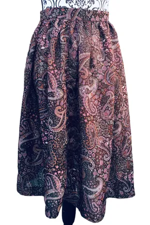 Vintage 70s 80s Dimension V Sheer Brown Pink Paisley Knee Length Skirt Midi S thumbnail 1