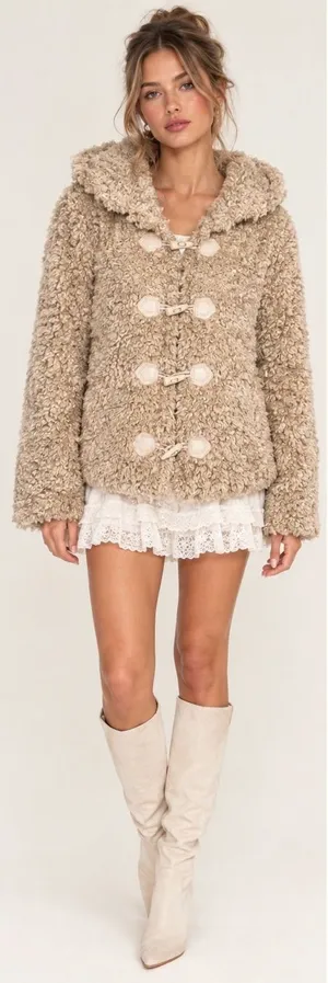 Galita Cozy Khaki Teddy Toggle Jacket with Hood Size Small Tan thumbnail 1