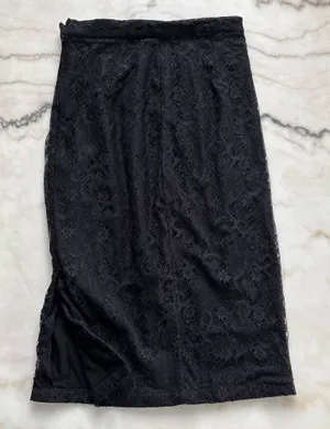 Belle Lage Black Floral Lace Midi Skirt Womens High Waisted Straight Cocktail S thumbnail 1