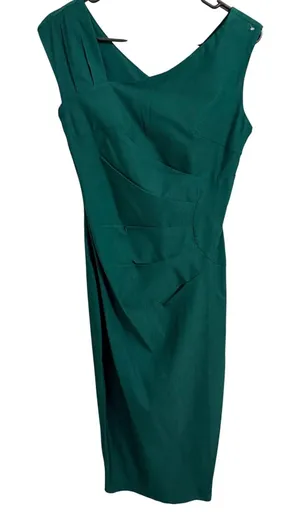 MUXXN Women's Emerald Green V Neck‎ Ruched Sheath Midi Dress Size M thumbnail 1
