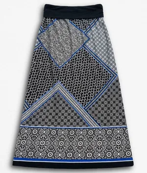 Alyx Womens XL Geometric‎ Patchwork Maxi Skirt Black Blue White Stretchy Boho thumbnail 1