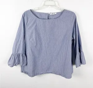 MADEWELL Blue White Striped 100% Cotton 3/4 Bell Sleeves Poplin Top Size Medium thumbnail 1