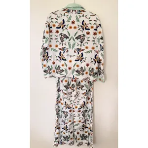 Anthro LyreBird Cotton Flannel Pajama Set Floral Animal Print Cottage Sleep XS thumbnail 3