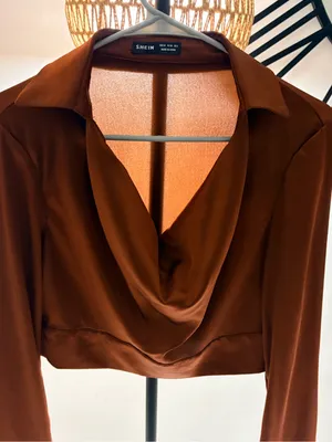SHEIN Brown Draped Cowl Neck Long Sleeve Blouse thumbnail 2