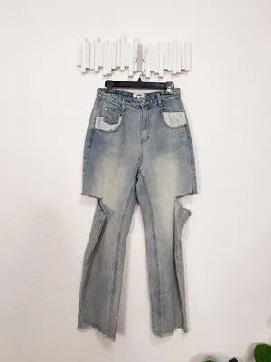 J.ING Light Wash Distressed Cutout Knee High Rise Wide Leg Jeans Raw Hem thumbnail 3