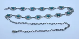 Silver Turquoise Oval Western Boho Chain Belt, Fits 24-43 Inches, X7GA1264 thumbnail 1