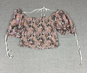 Free People Blouse Womens Small Off Shoulder Puff Sleeve Cropped Floral thumbnail 1
