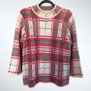 Entro Holiday Plaid Knit Sweater in Taupe Size S thumbnail 1
