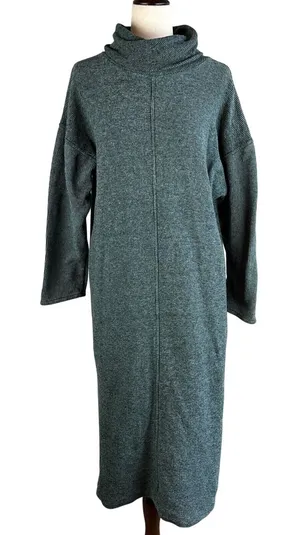 Akimbo Sustainable Midi Mock Sweater Dress Size L Green Cotton Minimal Lagenlook thumbnail 1