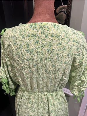 Three Stars Boho Embroidered Fringe Mini Dress – Bright Green Floral – Size S/M thumbnail 11