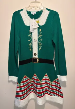 Born Famous NWT Elf Christmas Sweater Dress Jingle Bells Office Party Size L thumbnail 1