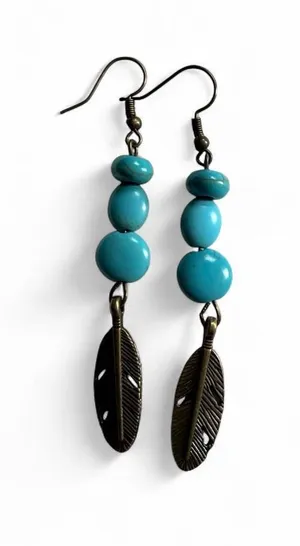 Handmade Turquoise Bead Feather Earrings Boho Western thumbnail 1