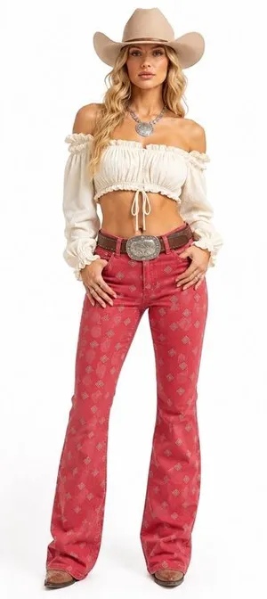 NEW Wrangler High Rise Bootcut Bandana Jean Red Diamond Western Cowgirl Festival thumbnail 1