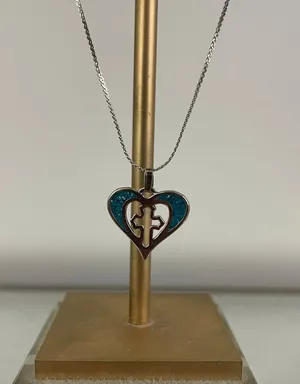 Vintage Turquoise Stone Cross In Heart Necklace NEW thumbnail 1