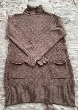 Wool Blend Brown Cable Knit Turtleneck Sweater Dress with Pockets, size M thumbnail 8