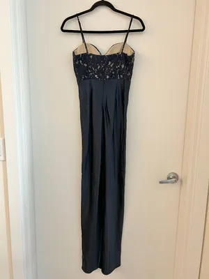 Here Comes the Sun Lace Bodice Satin Maxi Dress Gown in Navy Blue Size S NWT thumbnail 8