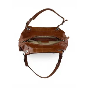 Nino Bossi Womens Leather‎ Shoulder Bag Cognac Brown Silver Hardware Zipper Top thumbnail 3