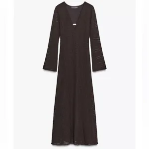 Zara NWT brown knit gold detail key hole front long sleeve midi maxi dress thumbnail 8