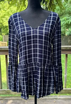 Maurices Navy Checkered Blouse with Flared Sleeves medium thumbnail 1