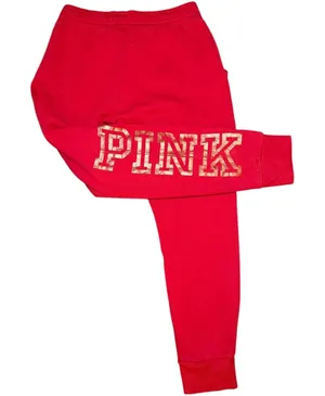 Victoria's Secret PINK Joggers Womens Medium Red Gold LOGO Graphic Sweatpants‎ thumbnail 1