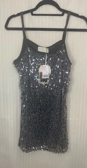 Sparkling Dark Gray Sequin Spaghetti Strap Tank Black Size L thumbnail 1