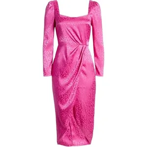NWT Saylor Leopard Jacquard Satin Midi Dress Size Medium Magenta Pink Faux Wrap thumbnail 2