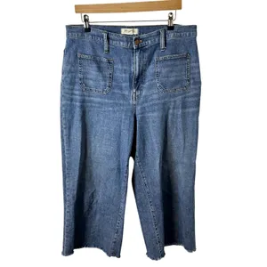 Madewell Wide Leg Crop Jeans Womens Size 32 Blue Raw Hem Front Pocket thumbnail 3