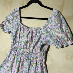 Iris‎ Women's Floral Puff Sleeve Smocked Mini Dress Cottagecore Lavender Large thumbnail 2