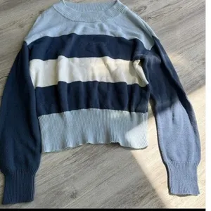 Lucky Brand Sweater Women Junior Blue And‎ White Striped Size Small #492 thumbnail 1