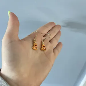 Halloween Earrings Enamel Pumpkin Jack O Lantern‎ Orange Handmade Gold Plated thumbnail 2