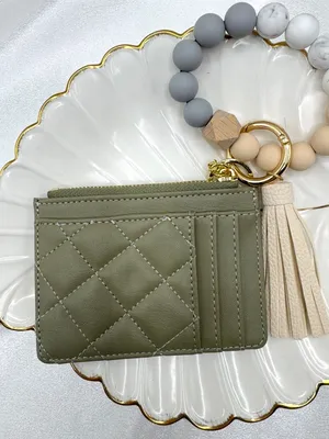 Sage Green Quilted Card Holder Wallet Wristlet Keychain Tassel thumbnail 5
