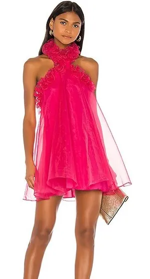 Lovers + Friends Capri Mini Dress Size S Hot Pink Halter Babydoll Organza Party thumbnail 1