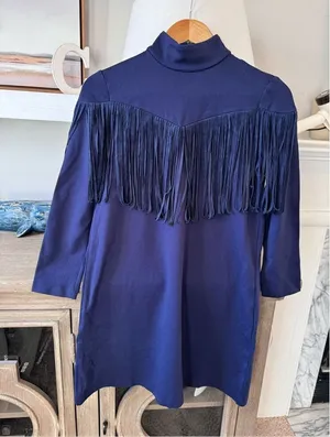 Tuckernuck Dress Women Navy‎ Blue Cowgirl Suede Fringe Long Sleeve Size XSmall thumbnail 1