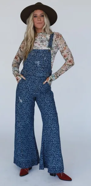Aaron & Amber denim blue animal print wide bell leg boho overalls S thumbnail 1