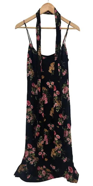Reformation Midi Dress Womens 6 Floral Black Pink Scarf Neck Viscose EUC thumbnail 1
