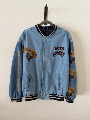 iets frans Blue Denim Embroidered Varsity Jacket Size XS thumbnail 8