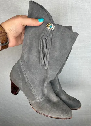 Vintage Grey Suede Western Mid Calf Boots 7M Concho Fringe Kitten Heel USA‎ Made thumbnail 1