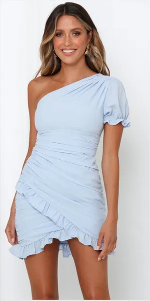 Hello Molly Not Fair On Me Mini Dress Size 2 NWT Blue One Shoulder Ruched thumbnail 1