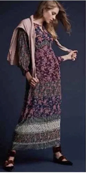 CAbi Size-L Festive Maxi Dress Retro Floral Paisley Print Blue Burgundy thumbnail 1