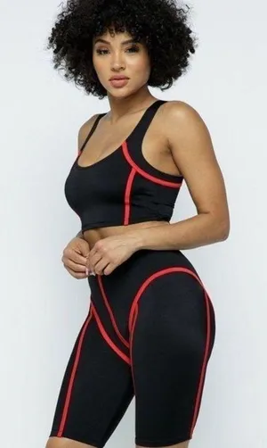 Biker Set. Contrast binding crop tank and biker shorts set. Black and red. Small thumbnail 2