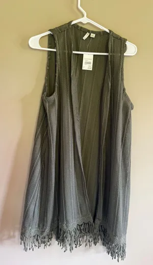 Cato‎ Womens Sea Grass Green Knit Fringe Longline Vest Cardigan Large NWT thumbnail 1